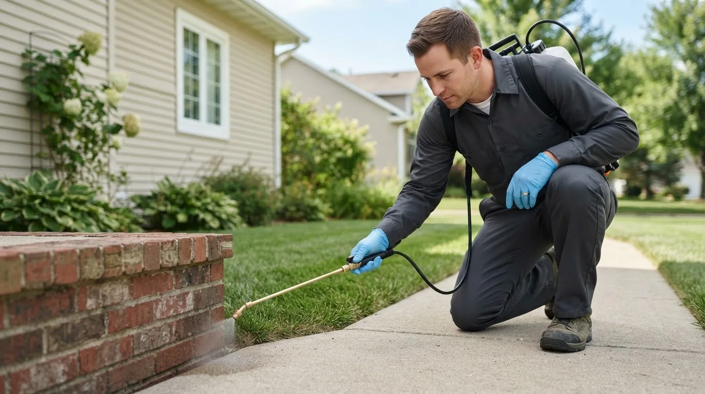 Pest control technician treating a home near Wharton, OH